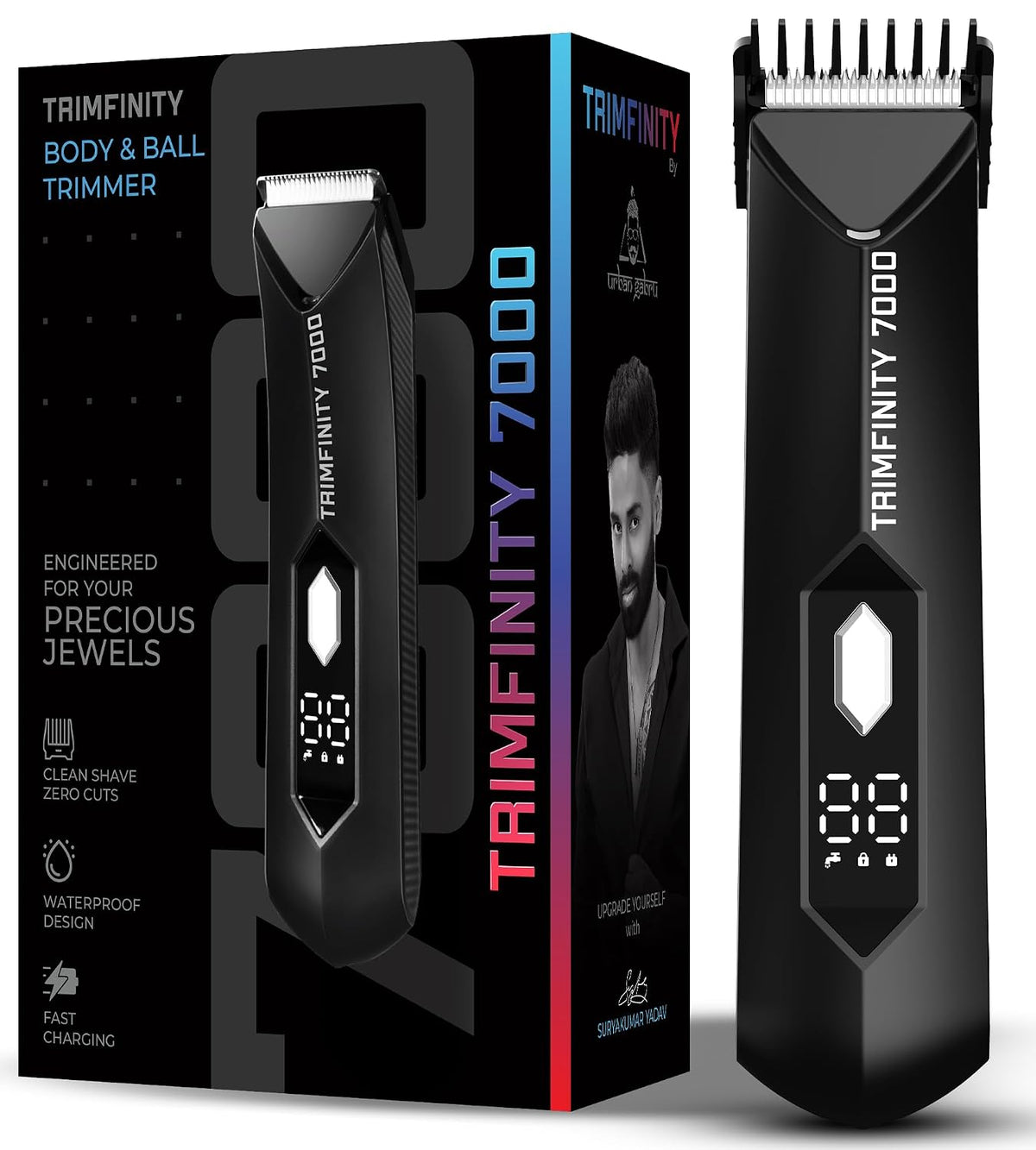 Full Body Trimmer for Men- Safest Body & Private Part Trimmer - Pubic Hair Groomer, Underarm - Waterproof, Ceramic Blades, Rechargeable with Wireless Fast Charging,Black
