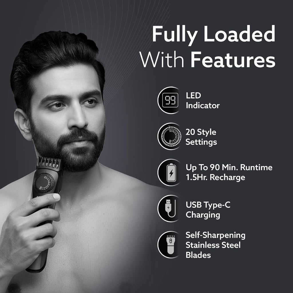 AGARO Beard Trimmer, Cordless Electric Beard Trimmer with Precision Dial,