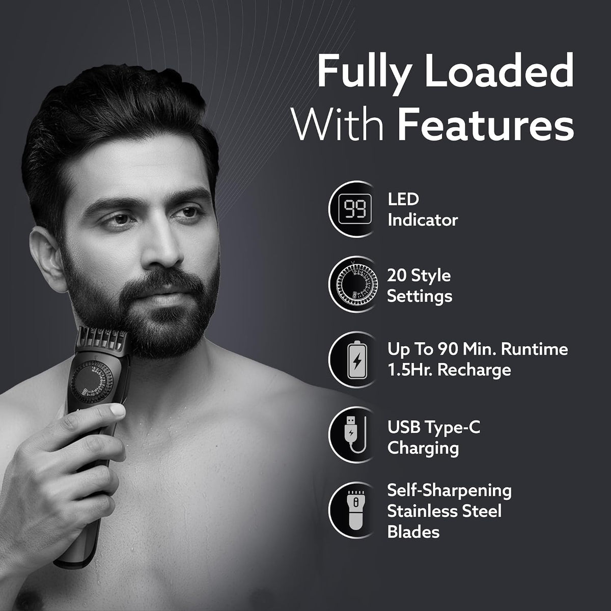 AGARO Beard Trimmer, Cordless Electric Beard Trimmer with Precision Dial,